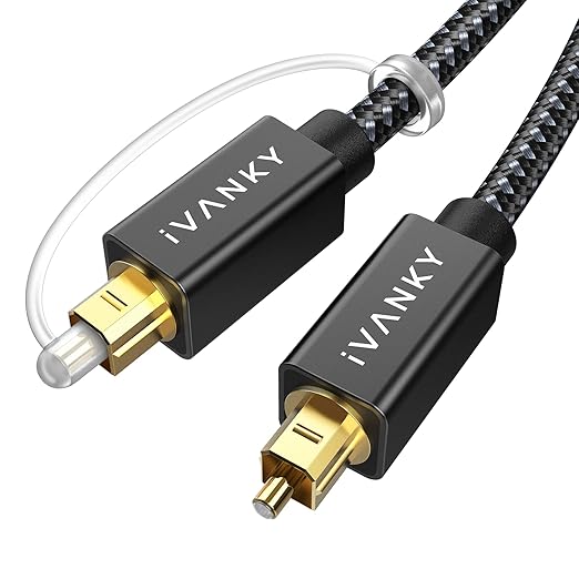 IVANKY Optical Audio Cable 3.3ft/1M, Nylon Braided, 24K Gold-Plated, Slim Metal Case, CL3 Rated, S/PDIF Digital Audio Fiber Optic Cable for Home Theater, Sound Bar, TV, PS4, Xbox, Samsung, Vizio