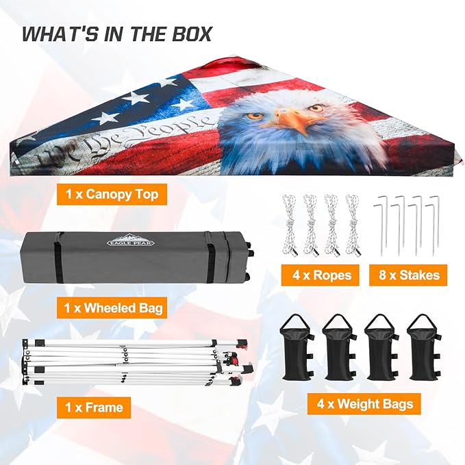 EAGLE PEAK Pop Up Canopy Tent with Wheeled Carry Bag, 8 Stakes, 4 Ropes, 4 Weight Bags, Easy Set Up Tent Canopy, 10x10 ft, 100sqft of Shade, American Icon