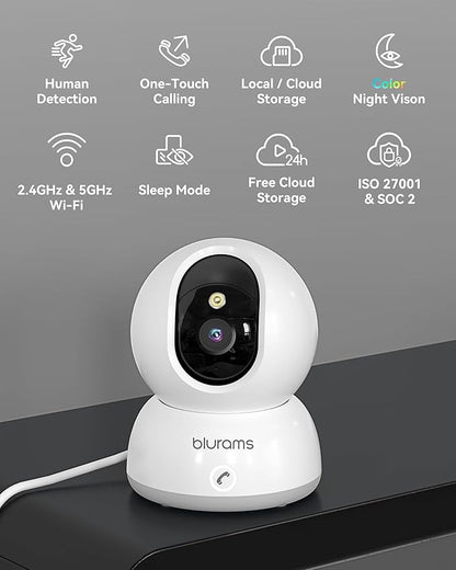 blurams 5G Indoor Camera, 2K Nanny Cam, 360° PTZ Pet Camera with Phone App, One-Touch Call, Color/IR Night Vision, Dual-Band Wi-Fi, Motion Tracking, Compatible with Alexa(2Pack)