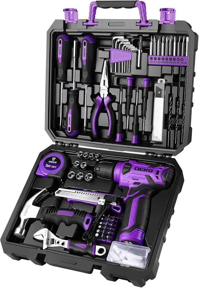 Tool Set: Tool Kit with 8V Cordless Drill, Hand Toolbox with storage case, Tool set for Home Repairs 126 Piece, Purple