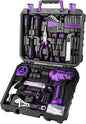 Tool Set: Tool Kit with 8V Cordless Drill, Hand Toolbox with storage case, Tool set for Home Repairs 126 Piece, Purple