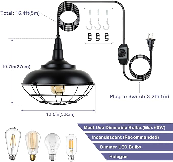 HMVPL Plug In Hanging Light Fixtures, Black Cage Plug In Pendant Light, Metal Outdoor Chandelier for Gazebo Porch, industrial Farmhouse Hanging Lamp for Kitchen Island Dining Room Bedroom Sink Hallway
