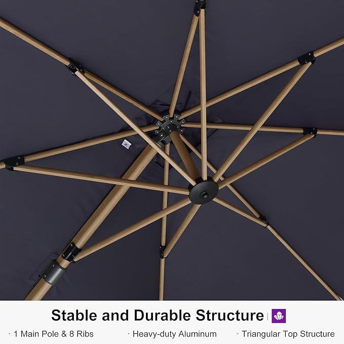 PURPLE LEAF 10FT Patio Umbrella With Base Square Cantilever Umbrella Teak Finished Aluminum Frame Large Windproof Offset Outdoor Sun Umbrellas for Beach Pool Deck, Navy Blue