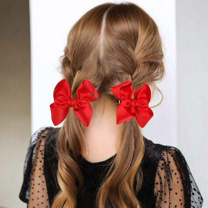 OAOLEER 2PCS 3.5inch Hair Bows for Girls，Red Stain Ribbon Hair Bows Alligator Clips Hair Accessories for Back To School Teen Toddler Girls Kids (Red)