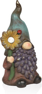Alpine Corporation MCC852SLR Solar Gnome Holding Flower with Turquoise Hat Statue, Stylish Décor for Garden, Patio, & Lawn, 18" H, Multicolor
