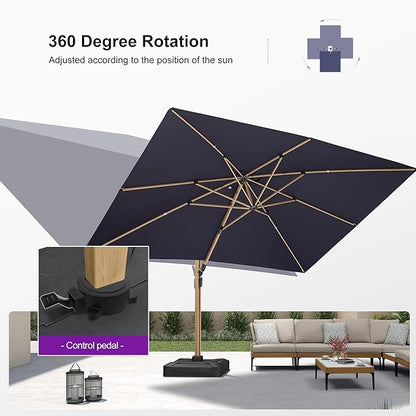 PURPLE LEAF 10‘ x 13’ Rectangle Patio Cantilever Umbrella With Base Large Hanging Umbrella Teak Finished Aluminum Frame Windproof Offset Outdoor Sun Umbrellas for Beach Pool Deck, Navy Blue