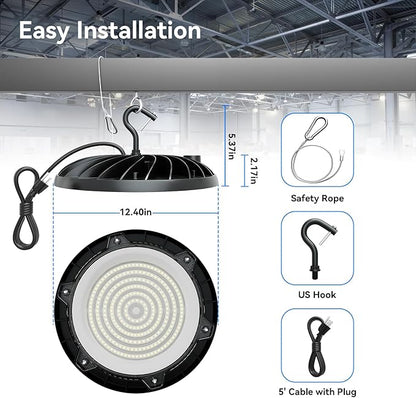 UFO LED High Bay Light 200W, 30000 lumen LED Shop Light, 4000K/5000K 2 CCT Selectable UFO Lights, 5' Cable with US Plug&Safety Rope, IP65 Waterproof Commercial Bay Lighting UL&ETL Listed, 10 Pack