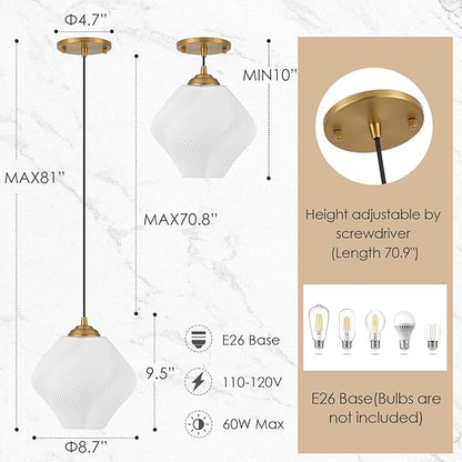 Milk White Glass Pendant Light, Mid Century Modern Ceiling Hanging Lights Fixture with Height Adjustable, Brass Gold Pendant Lighting for Kitchen Island, Hallway, Dining Room, Bedroom(1 Pack)
