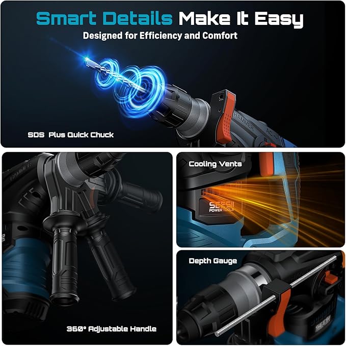 Seesii Heavy Duty Rotary Hammer: 13 Amp 1-1/4" SDS-Plus Demolition Hammer Drill for Concrete, Brick & Stone, 6J Power with 4 Functions, Safety Clutch & Anti-Vibration, Drill Bits and Chisels Included