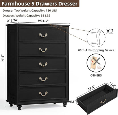 Farmhouse 5 Drawer Dresser Set of 2 for Bedroom, 45" Tall Rustic Chests of Drawers w/ 4 Solid Wood Feet, Vintage Mid Century Wooden Closet Storage Dressers Organizer for Living Room, Black
