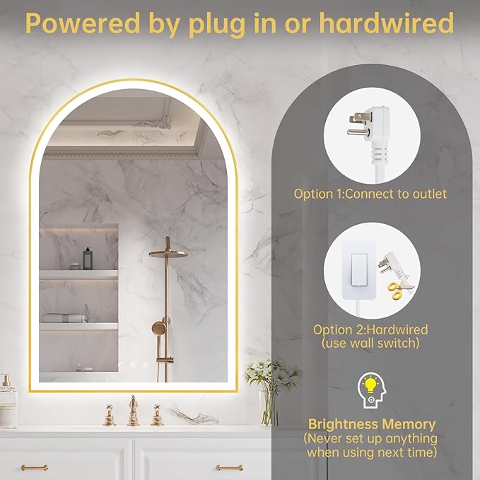 24"x36" Arched LED Mirror for Bathroom, Brushed Gold Lighted Bathroom Mirror with Lights, Fogless, Dimmable, Shatterproof, Touch Sensor, 3 Color Changing