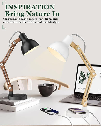 ELYONA White Desk Lamp with Wireless Charger, Solid Wood Table Lamp with USB C Charging Port, Swing Arm Reading Task Light with 5W LED Bulb for College Dorm, Office, Living Room, Bedroom, Farmhouse
