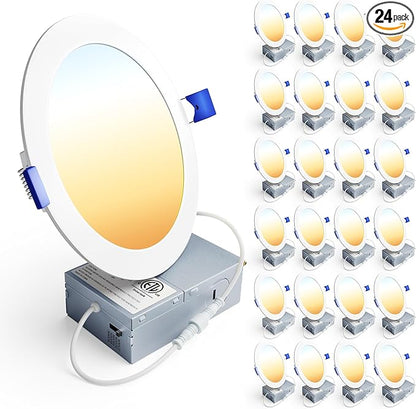 Ensenior 24 Pack 6 Inch LED Recessed Light, Dimmable, 2700K-5000K 5CCT, 1200LM High Brightness, 12W 120V, Damp Rated, Ultra-Thin Canless Wafer Ceiling Light - ETL & FCC & IC