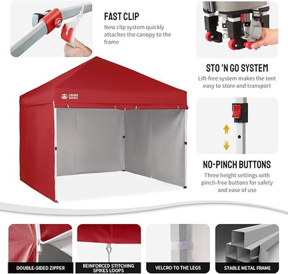 CROWN SHADES 10X10 Comercial Instant Canopy Pop Up Tent with Center Lock (10x10 with 4 Sidewalls, Red)
