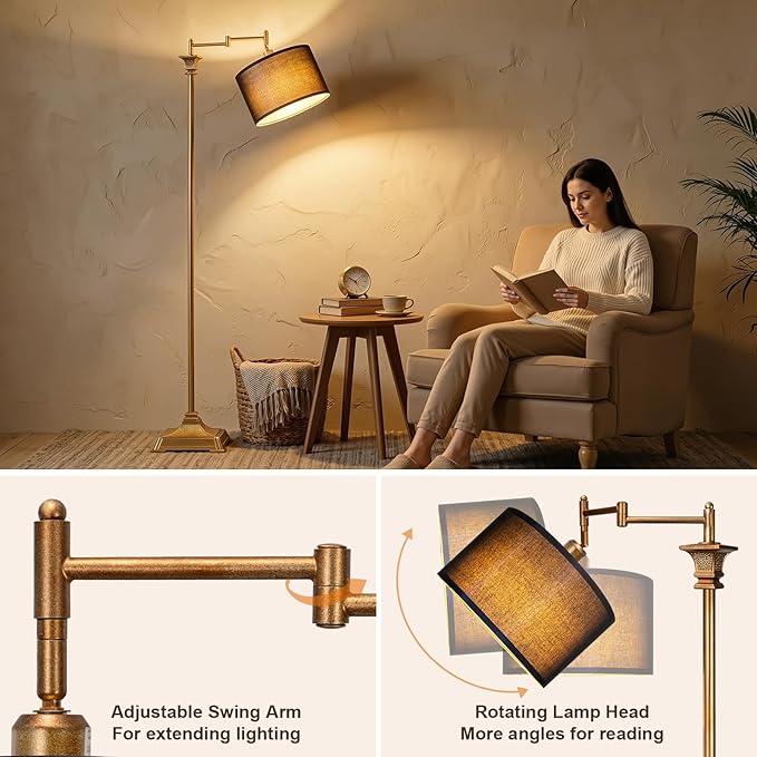 Scenekoy 68″ Tall Smart LED Floor Lamp for Living Room Bedroom, Antique Gold Finish, Remote Control, 350º Adjustable Swing Arm Standing Lamp with Black Shade, Decor for Reading House Home Office