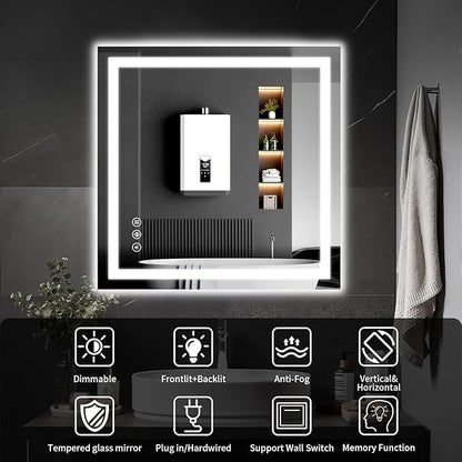 36"x36" LED Bathroom Mirror with Lights, Dimmable, Anti-Fog, Lighted Bathroom Vanity Mirror for Wall, Backlit + Front Lit, Memory Function, Shatter-Proof, Tempered Glass