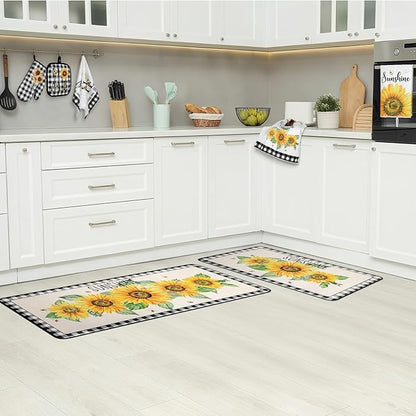 10 Pcs Sunflower Kitchen Decor 4 Black and White Buffalo Plaid Dish Towels 2 Buffalo Check Pot Holders 2 Rustic Sunflower Oven Mitts 2 Yellow Rugs for Cooking Baking Mom Housewarming Gift