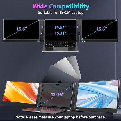 QQH Laptop Screen Extender, 15.6” Triple Portable Monitor for Laptop with Ultra-Slim FHD IPS Display, USB-C Plug and Play Extended Screen Compatible with MacOS, Windows, Android for 12-16" Laptops