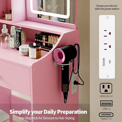 DUMOS Makeup Vanity Desk, Vanity Table Set with Mirror and Lights, Small Vanity with Storage Bench, Charging Station and Hair Dryer Holder, Dressing Table with Drawer and Three Shelves, Pink