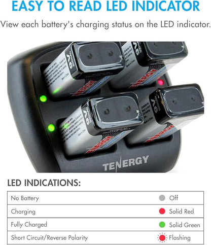 Tenergy TN294 4-Bay 9V Li-ion Battery Charger + 4pcs 9V 600mAh Li-ion Rechargeable Battery