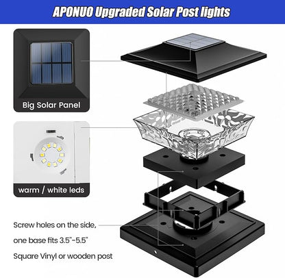 APONUO Solar Post Cap Lights 6 Pack for 4x4 5x5 6x6 Wood & Vinyl Fences - IP65 Waterproof, All-Night Auto On/Off, Warm/Cool White Light, Outdoor Deck Patio Garden (Black)