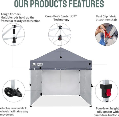 CROWN SHADES 10x10 Pop Up Canopy Tent Instant Commercial 1-Person Setup Patended Centerlock with 400D Fabric, 4 Sidewalls, 4" Wheels, 4 Upgraded Weights, Sto'N Go Bag, Gray
