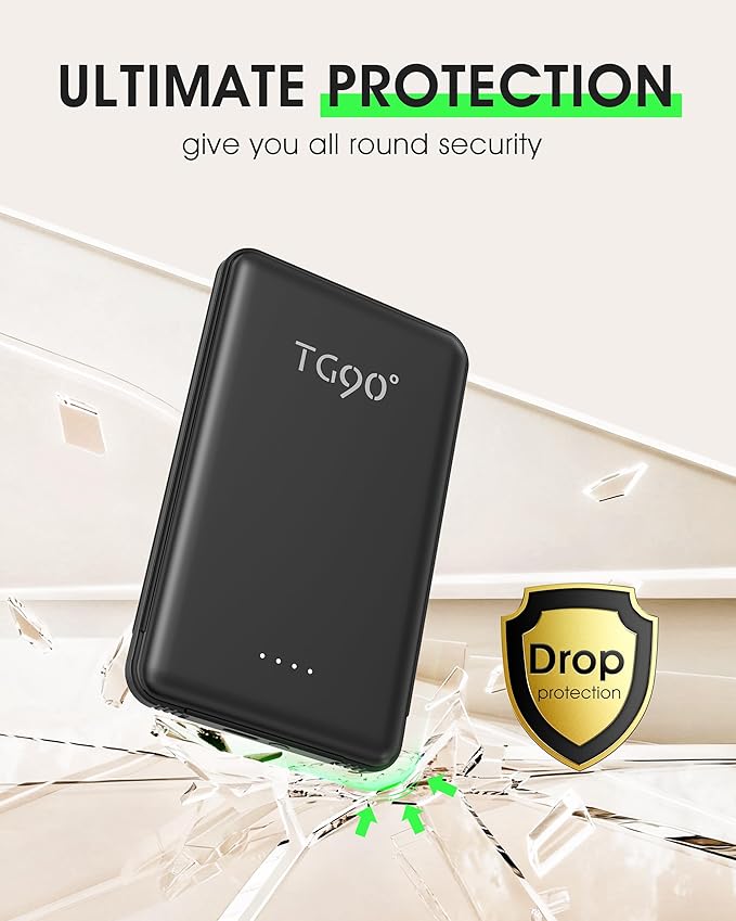 TG90° Ultra Slim 5000mAh Portable Charger Built-in Foldable AC Wall Plug and Cables, Pocket Size USB C Power Bank,External Battery Pack Compatible with iPhone 17 16 15 14 13 12 Android Devices iPad