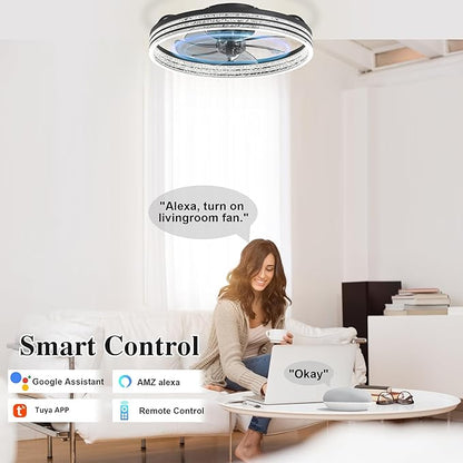 Smart Ceiling Fans with Lights Remote - WiFi Alexa 20'' Flush Mount Low Profile Modern Ceiling Fans for Bedroom -Stepless Color Temperature and 6 Speeds - Crystal Stripe