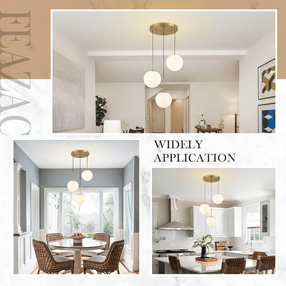 3-Light Cluster Pendant Lights, Mid Century Modern Globe Cluster Chandelier with Milk Glass, Brass Gold Pendant Lighting for Kitchen Island, Staircase, Dining Room, Living Room