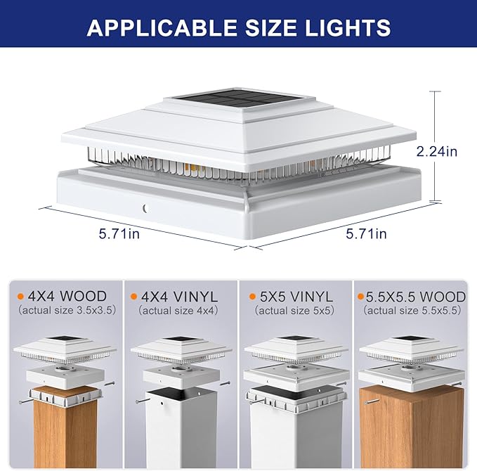APONUO Solar Post Cap Lights 12-Pack, White IP64 Waterproof 16 LED Fence Post Solar Lights for 4x4 5x5 6x6 Wood/Vinyl Posts, 2-Mode Deck Post Lights Solar Powered, 10-Hr Lighting for Patio Yard Porch
