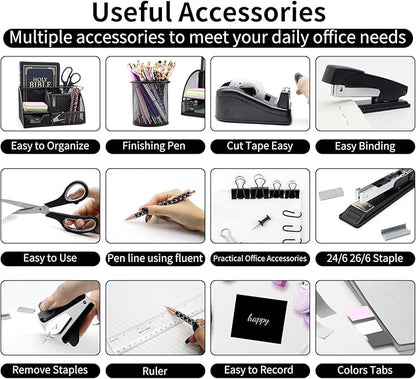 Black Desk Organizers and Accessories,12pcs Office Supplies Set With Pen Holder, Tape Holder, Stapler, Scissors, Ruler, Staple Remover for Office & Study Room, Gift for Coworker