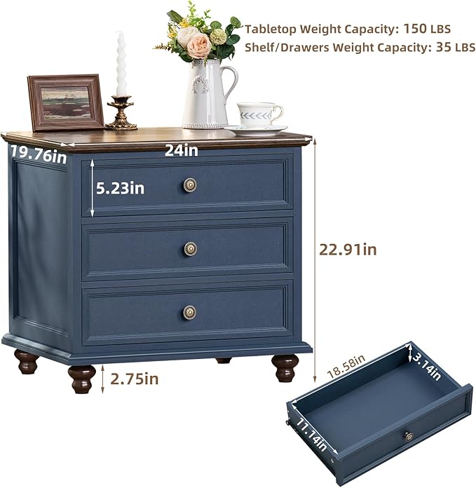 24" Wide Farmhouse Night Stand Set of 2,Large End Table with 3 Drawers & Metal Handle,Blue Dresser for Bedroom,Bed Side Table Chest of Drawers Cabinet,Wood Nightstand for Living Room,Closet