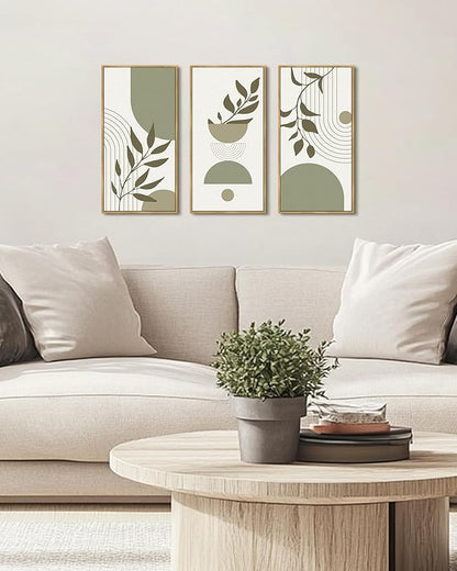 KUVIOKE Boho Light Green Wall Art Framed Botanical Leaf Artwork Minimalist Line Decor for Bathroom Living Room 8x16in3pcs Natural Framed