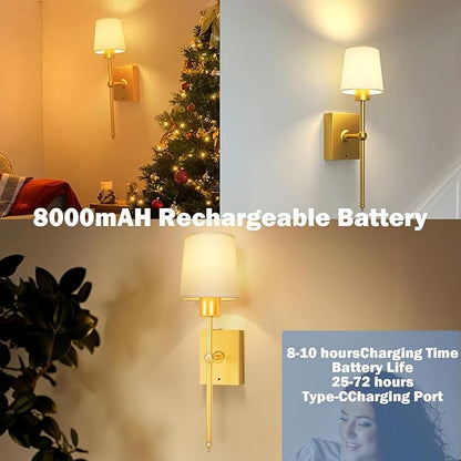 Upgrade Battery-Operated Wall Sconces Set of 2 pieces: Rechargeable Wall Lights 8000mAh with Remote Control, Gold Wireless Battery Powered Wall Lamp Wall Scone for Living Room Bedroom Hallway Bathroom