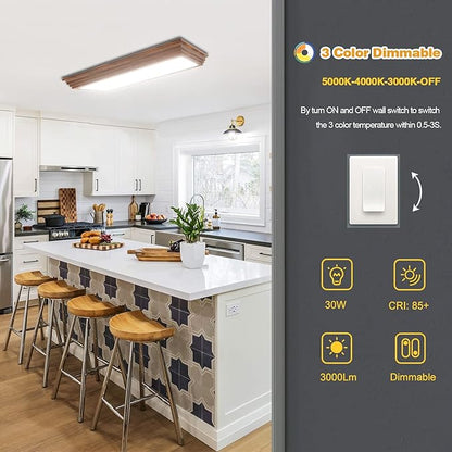 FAITHSAIL 2FT LED Light Fixture with 3000K/4000K/5000K CCT Selectable Dimmable 2 Foot LED Linear with Wooden Look 30W 3300LM Flush Mount Ceiling Wraparound for Kitchen, Bedroom, Laundry, 2 Pack