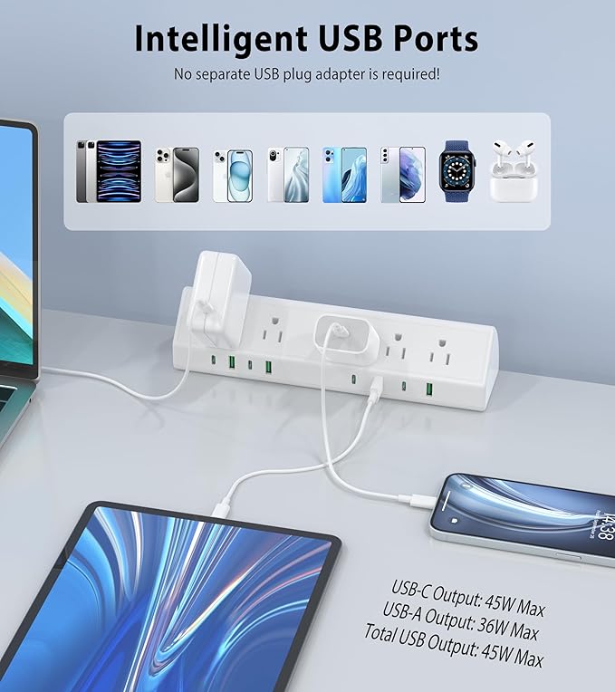 Jgstkcity Desk Clamp Power Strip,45W Fast Charging Station,4 USB-C,4 USB-A,Desk Mount Surge Protector,1875W Extension Cord with Multiple Outlets,ETL Listed,for Home Office Dorm Room,White,6 FT