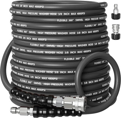 Kink-Resistant 3/8" Pressure Washer Hose 4800PSI(50FT),Steel Wire Braided Wear Resistant Rubber for Commercial, Industrial and Residential Use,Hot&Cold Water Hose with 3/8" Quick Connect