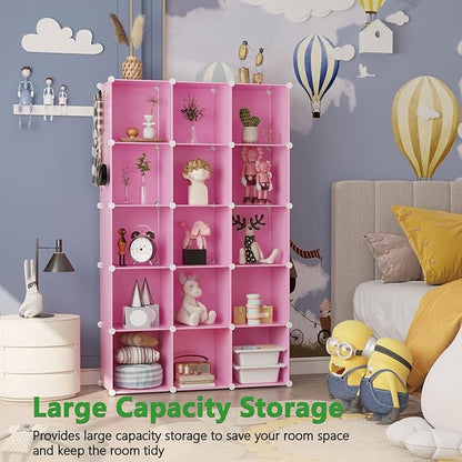 C&AHOME Cube Storage Organizer, 16-Cube Shelves Units, Plastic Storage Cubes, DIY Closet Organizer, Modular Closet Storage Shelves Ideal for Home, Bedroom, 48.4" L × 12.4" W × 48.4" H Pink UPCS16P