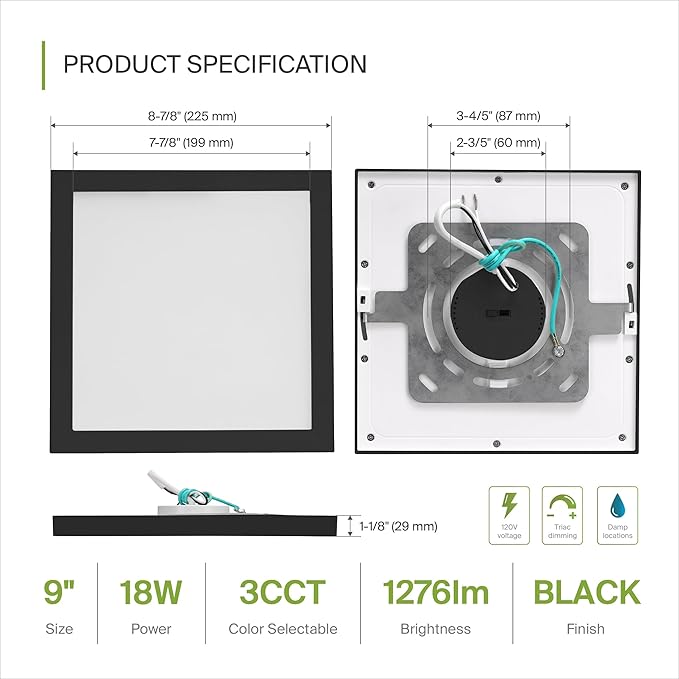 ASD LED 9" Square Flush Mount Light | 18W 1270LM 3000-5000K 120V | 3CCT, Dimmable, Ultra Slim, ETL Listed | Thin Surface Lamp, Bedroom Ceiling Lighting | Black