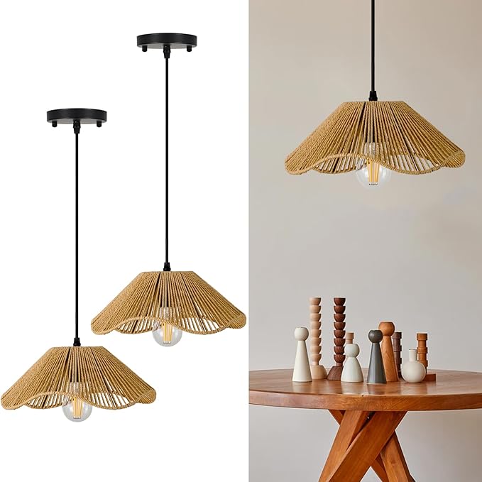 TERLEENART Hard Wired Rattan Pendant Lights Set of 2,Kitchen Island Pendant Lights with 12” Flower Shade,Boho Handwoven Paper Rope Rattan Ceiling Light for Living Room Dining Room Restaurant Foryer