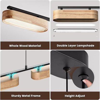 50.2" Linear Island Lights for Kitchen, 38W Wood Chandeliers for Dining Room, LED Rustic Dimmable Lighting Fixture for Farmhouse, 4-Light Pendant Lights for Kitchen Island Over Table