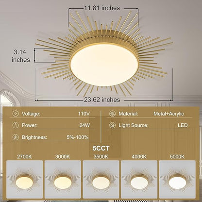 D23.6 In. LED Dimmable Ceiling Lights Flush Mount, Kids Ceiling Light Fixture, Nursery Light Fixture Brass Firework Flower Ceiling Light for Kids Room Bedroom Nursery Ceiling Light 5CCT 2700K-5000K