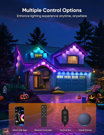 APPECK Permanent Outdoor Lights Pro 200ft, 144W RGBCW Eaves Lights with 144 LED Lights, 80lm, Cuttable, 111 Scene Modes, IP67 Waterproof Lighting for Halloween Decoration, Work with Alexa, White