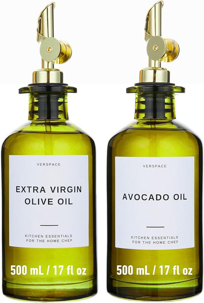 Verspace UV-Protected Green Glass Olive Oil Dispenser Bottles For Kitchen - Includes 40 Kitchen Essential Labels, Avocado Oil Dispenser Set, Modern Decor for Home, Airbnb, Cafe Set of 2