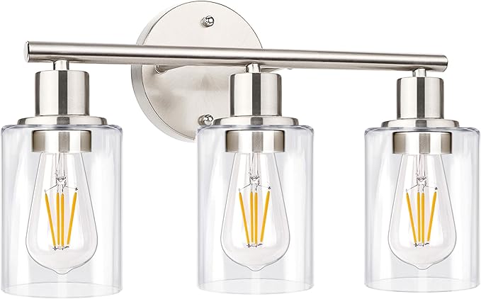 3-Light Bathroom Light Fixtures, Brushed Nickel Vanity Light, Farmhouse Wall Lights with Clear Glass Shade, Bathroom Wall Lamp for Mirror Kitchen Bedroom Hallway Living Room Hallway Cabinet