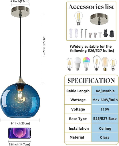 9.1in Large Blue Glass Pendant Light for Kitchen Island, 3-Pack with Extra LED Bulbs & 4.92ft Adjustable Cord | Modern Minimalist Lighting for Dining Room, Living Room, Entryway