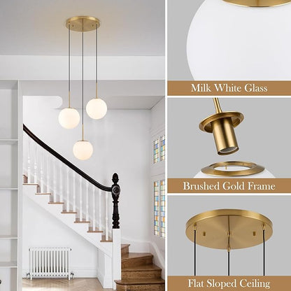 3-Light Cluster Pendant Lights, Mid Century Modern Globe Cluster Chandelier with Milk Glass, Brass Gold Pendant Lighting for Kitchen Island, Staircase, Dining Room, Living Room
