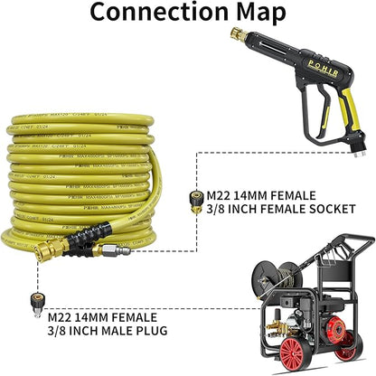 POHIR 50ft Pressure Washer Hose 3/8" 4800 PSI, Power Washer Hose with 3/8 Quick Connect, Hot & Cold Water Hose Max 248°F, Commercial Industrial Grade Steel Wire Braided Kink Proof Extension Hose
