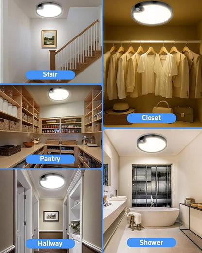 TOOWELL 2 Pack Motion Sensor Ceiling Light Rechargeable - Closet Light Battery Operated, Wireless Waterproof Shower Light, Overhead Sensor Light for Closet Shower Pantry Hallway Stair