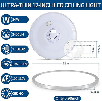 12 inch Flush Mount Led Ceiling Light Fixture, 24W 2400LM, Dimmable 3000K 4000K 6500K Adjustable, Modern Brushed Nickel Ceiling Lamp for Bedroom, Kitchen, Home Office, Hallway, Wired